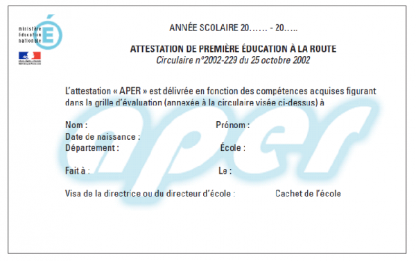 Attestation de Première Education à la Route